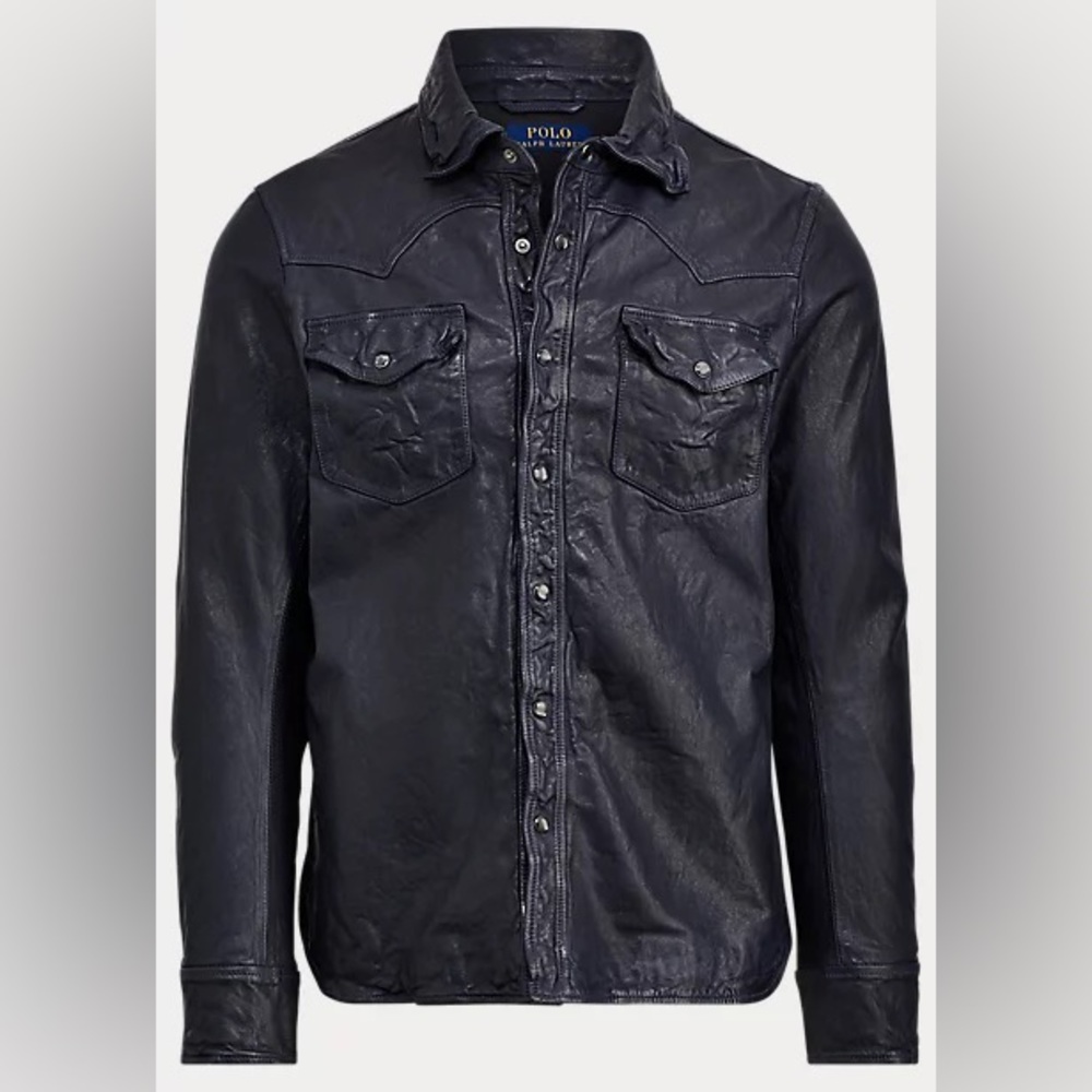 NEW Polo Ralph Lauren mens leather western overshirt jacket blue indigo large